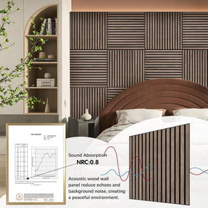 Bedroom interior with Unisoar square walnut sound panels arranged symmetrically for a calm acoustic atmosphere