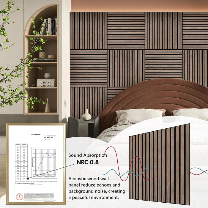 Bedroom interior with Unisoar square walnut sound panels arranged symmetrically for a calm acoustic atmosphere