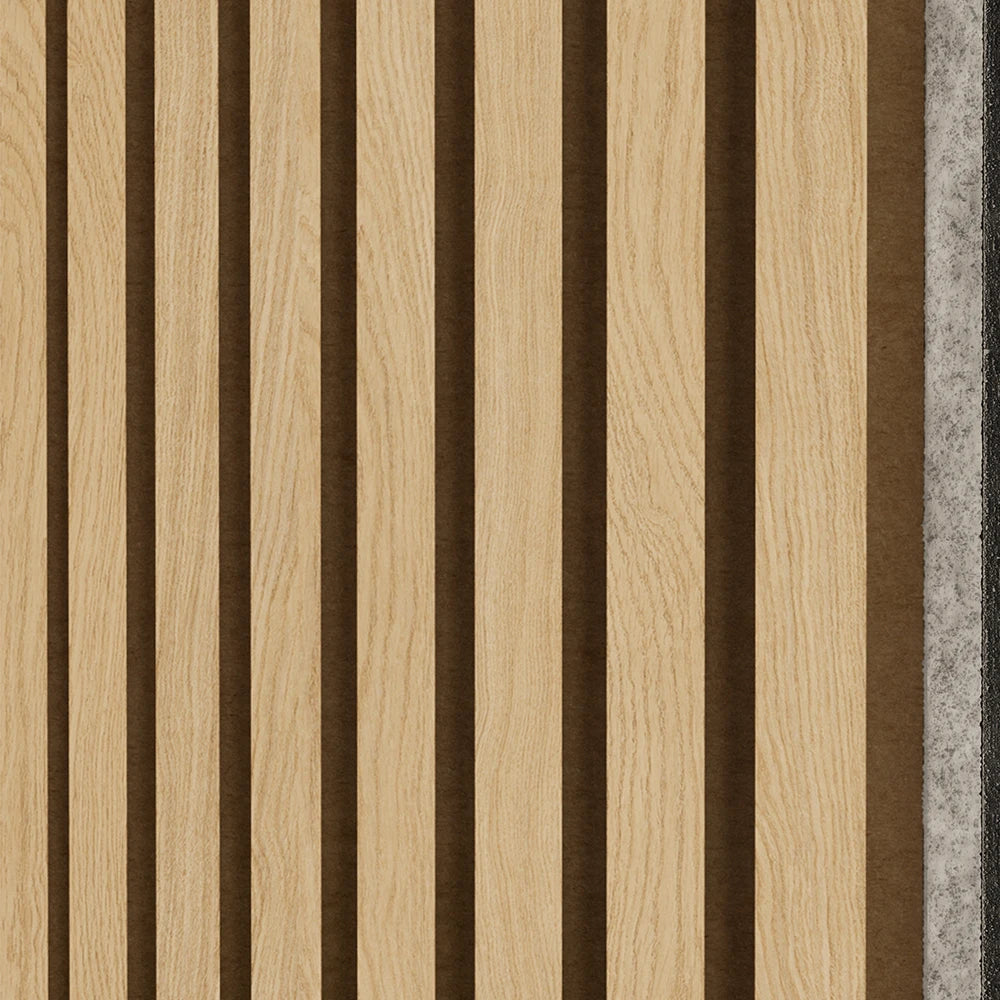 Paneles de pared acústicos de madera de roble de lujo (fieltro gris) con listones y chapa en una cara – Unisoar