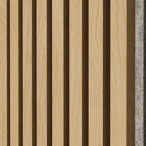 Paneles de pared acústicos de madera de roble de lujo (fieltro gris) con listones y chapa en una cara – Unisoar