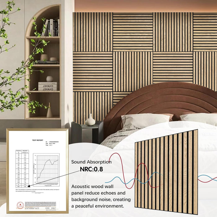Bedroom with acoustic wood wall panels, sound absorption chart, and greenery.