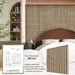 Bedroom with acoustic wood wall panels, sound absorption chart, and greenery.