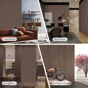 Collage of a living room, music room, dining room, and exhibition area with striped walls.