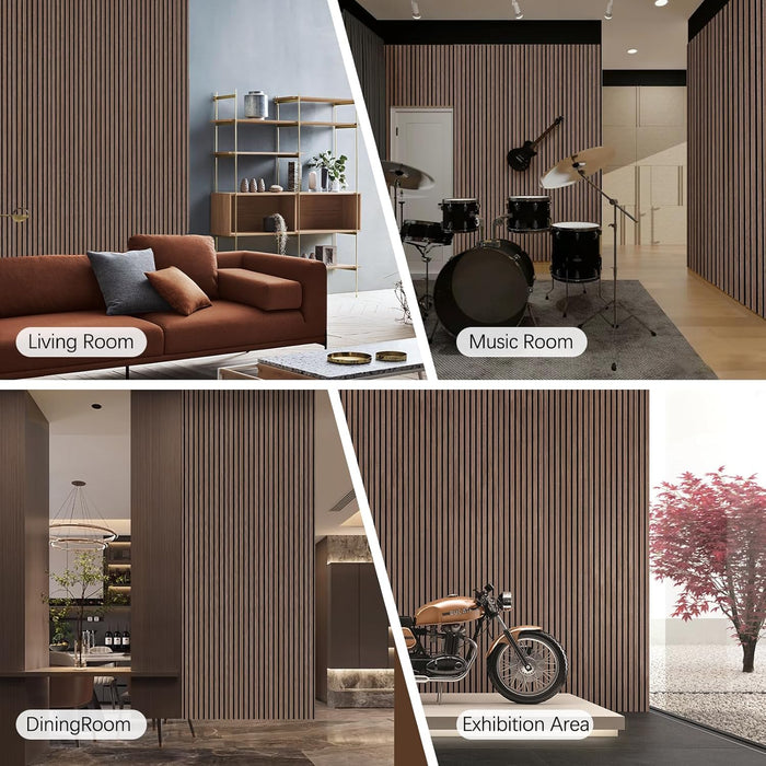 Collage of a living room, music room, dining room, and exhibition area with striped walls.