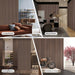Collage of a living room, music room, dining room, and exhibition area with striped walls.