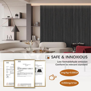 Modern living room with a sofa and decorative items, featuring safety certification logos and text.