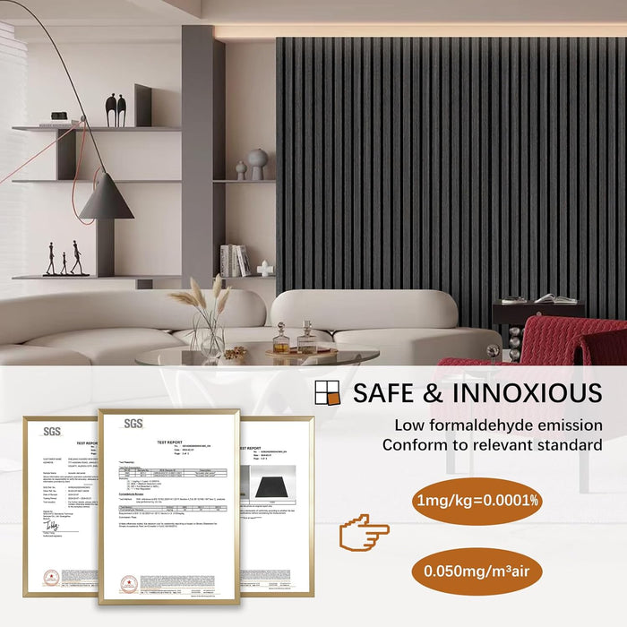 Modern living room with a sofa and decorative items, featuring safety certification logos and text.