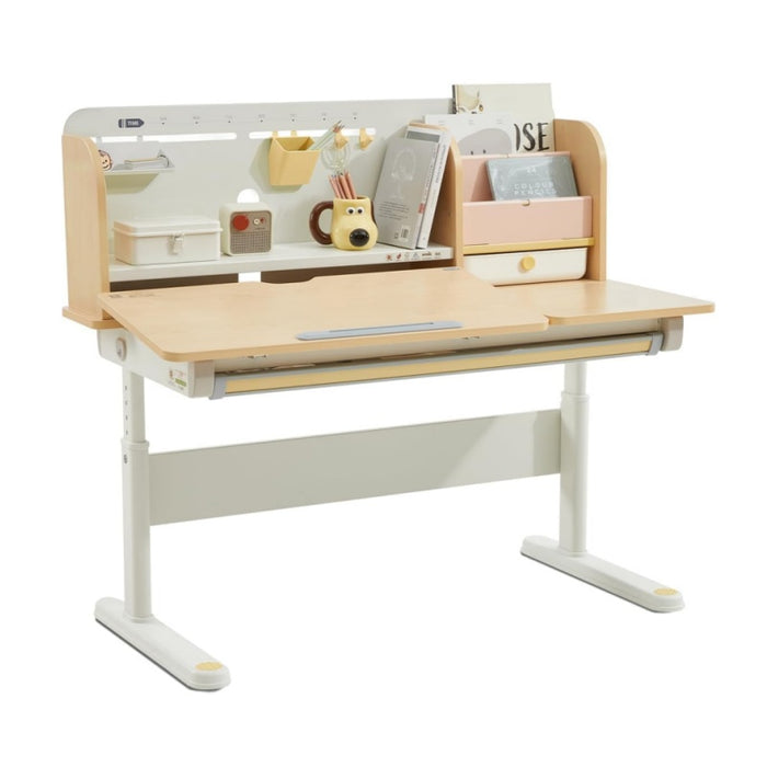 47" Kids Adjustable Height Desk, Solid Wood Tilt Table w/ Bookshelf