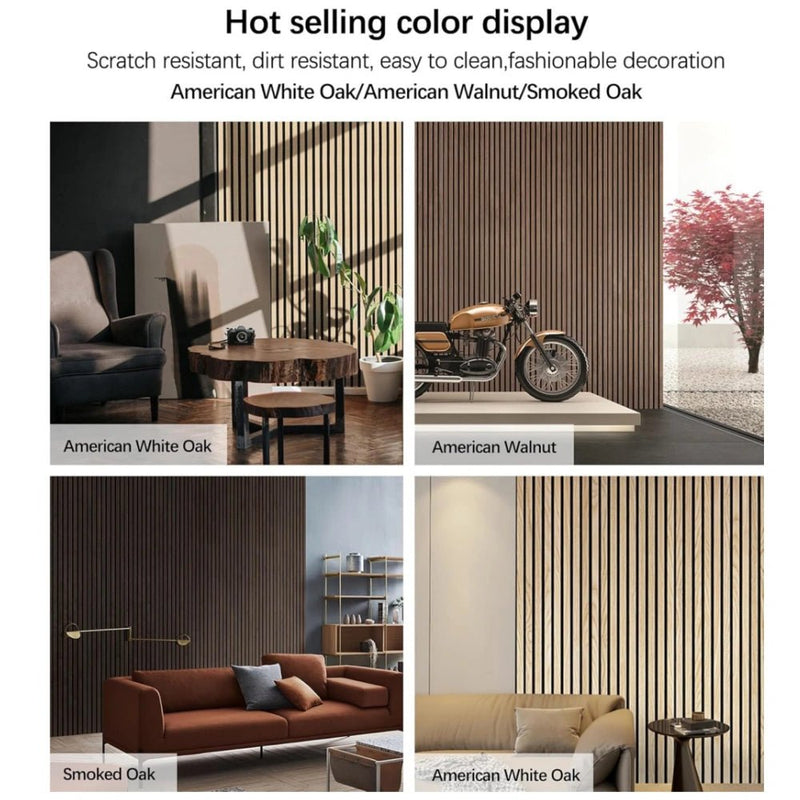 Color display of Unisoar acoustic slat wall panels in American white oak walnut and smoked oak finishes