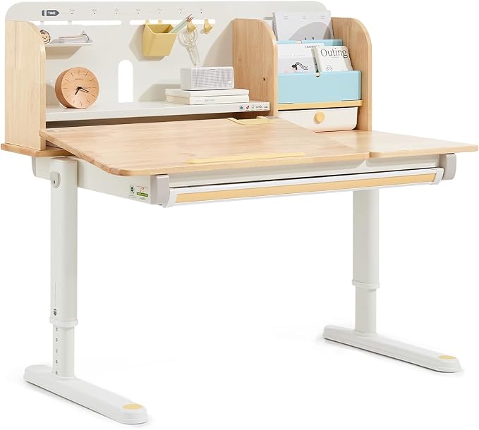 Wooden Kids Study Desk Adjustable Height Table 40 inch Children Study Desk, Student Writing Desk with Tilt Desktop, Drawer, Storage Shelf, Pen Holder, White and Wood-Toned