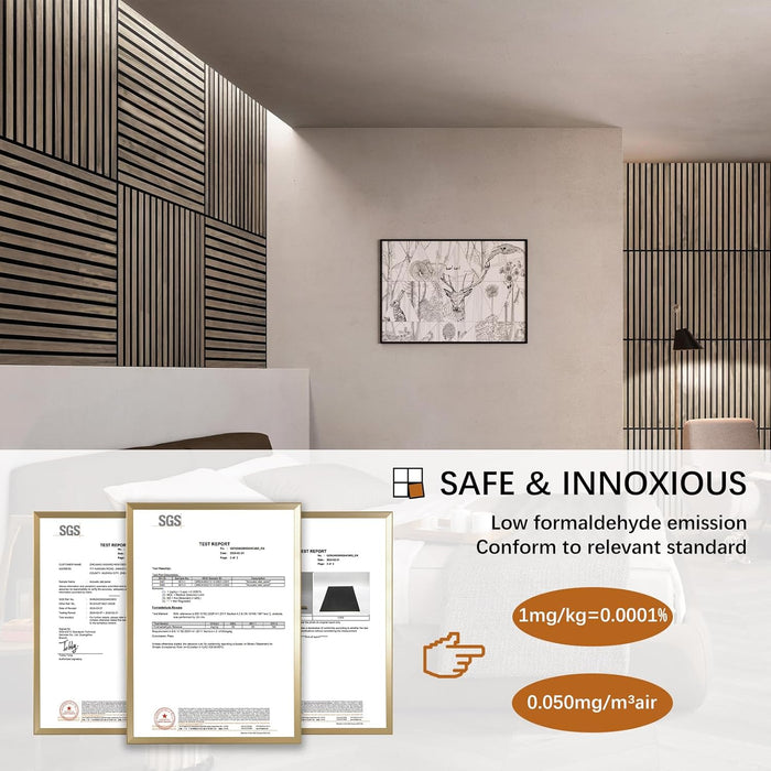 Certifications for formaldehyde-free Unisoar acoustic panels displayed in a modern living room with wood slat decor
