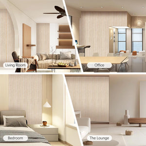 Collage of a living room, office, bedroom, and lounge area with neutral color schemes.