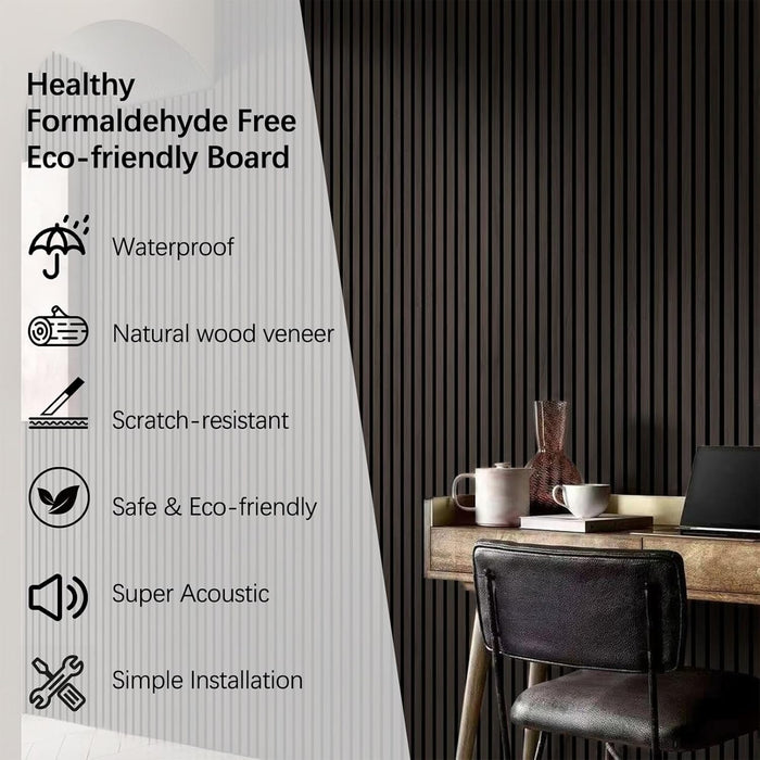 Eco-friendly board with a desk and chair in a room, featuring text on its benefits.