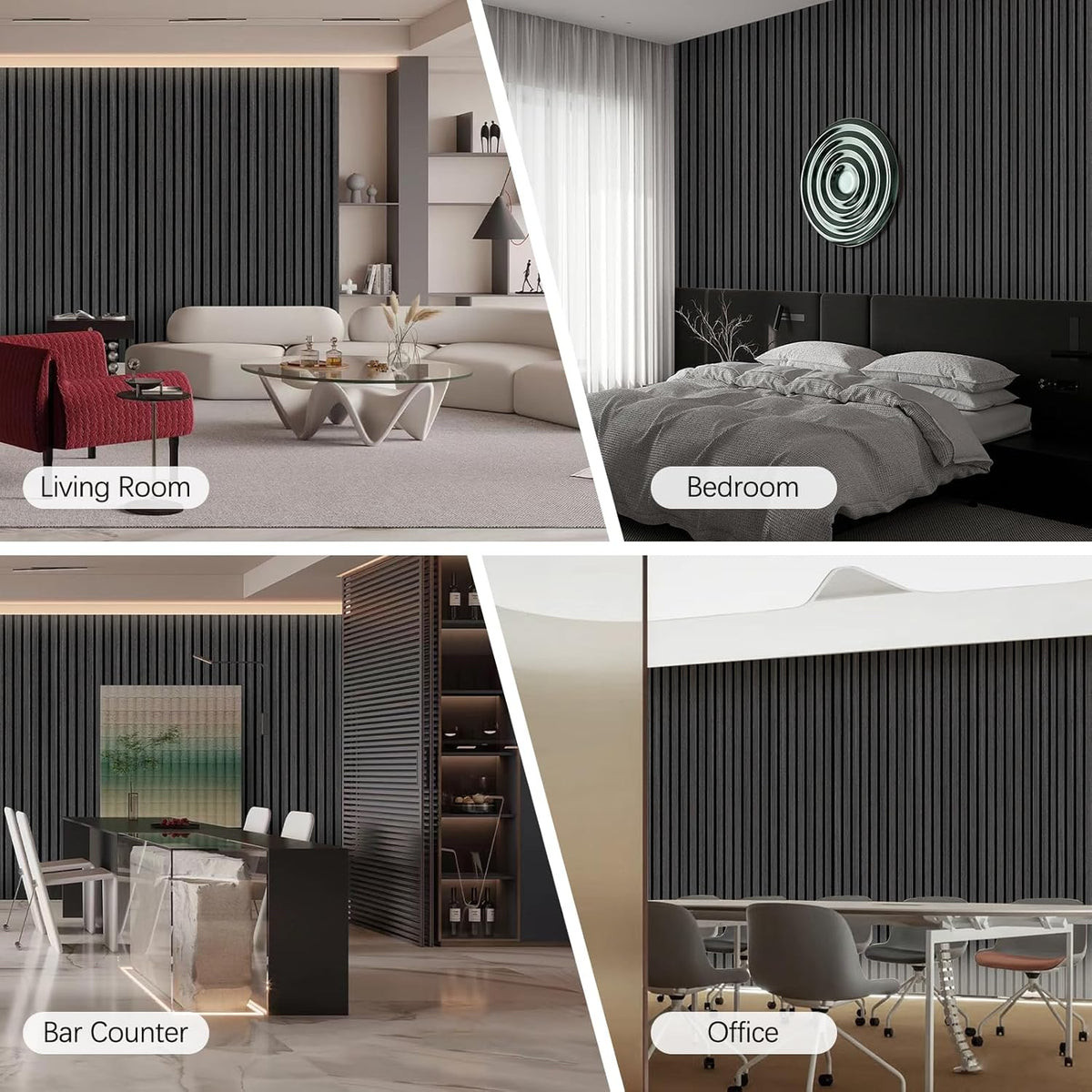 Unisoar black acoustic slat wall panels installed in living room, bedroom, office, and bar settings