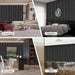 Unisoar black acoustic slat wall panels installed in living room, bedroom, office, and bar settings