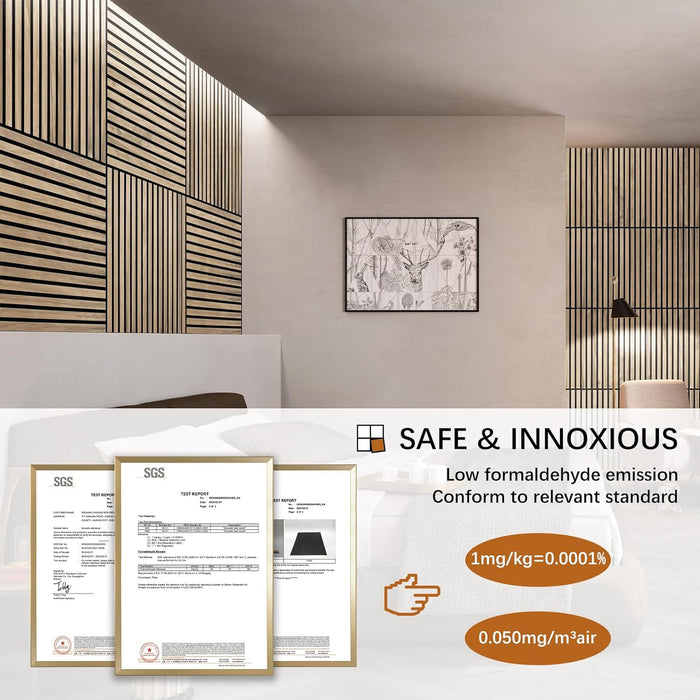 Modern interior room with acoustic panels and SGS certification documents.