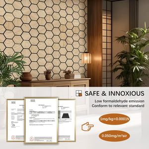 Decorative oak acoustic wall panels in hallway with low formaldehyde SGS certificates shown in foreground