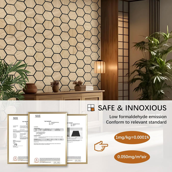 Decorative oak acoustic wall panels in hallway with low formaldehyde SGS certificates shown in foreground