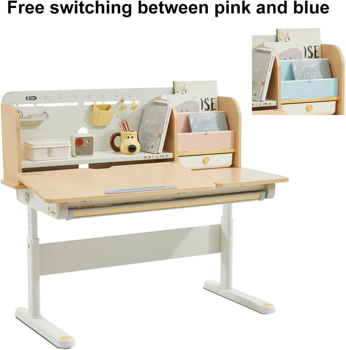 47" Kids Adjustable Height Desk, Solid Wood Tilt Table w/ Bookshelf