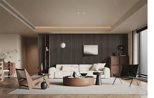 Interior space featuring reclaimed wood panels with natural grain, blending rustic charm with modern furniture