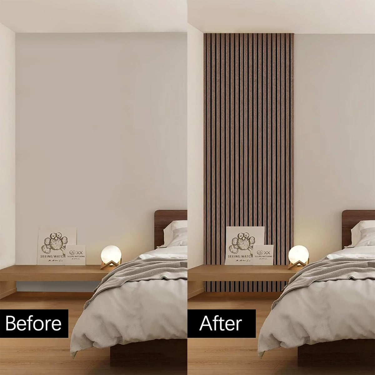 Before and after comparison of a bedroom setup with a striped wall.