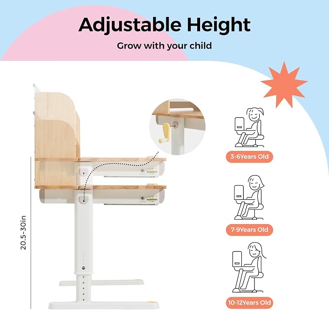 Wooden Kids Study Desk Adjustable Height Table 40 inch Children Study Desk, Student Writing Desk with Tilt Desktop, Drawer, Storage Shelf, Pen Holder, White and Wood-Toned