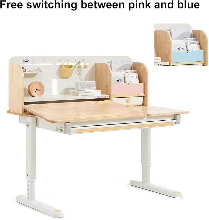 Wooden Kids Study Desk Adjustable Height Table 40 inch Children Study Desk, Student Writing Desk with Tilt Desktop, Drawer, Storage Shelf, Pen Holder, White and Wood-Toned