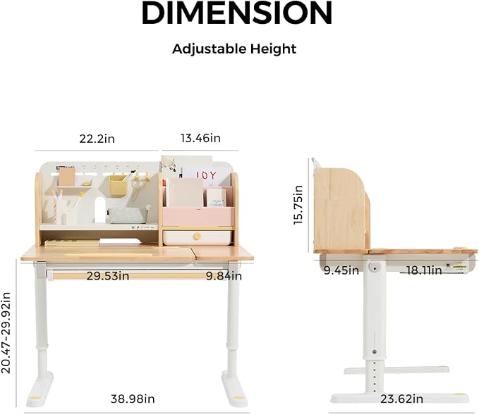 Wooden Kids Study Desk Adjustable Height Table 40 inch Children Study Desk, Student Writing Desk with Tilt Desktop, Drawer, Storage Shelf, Pen Holder, White and Wood-Toned