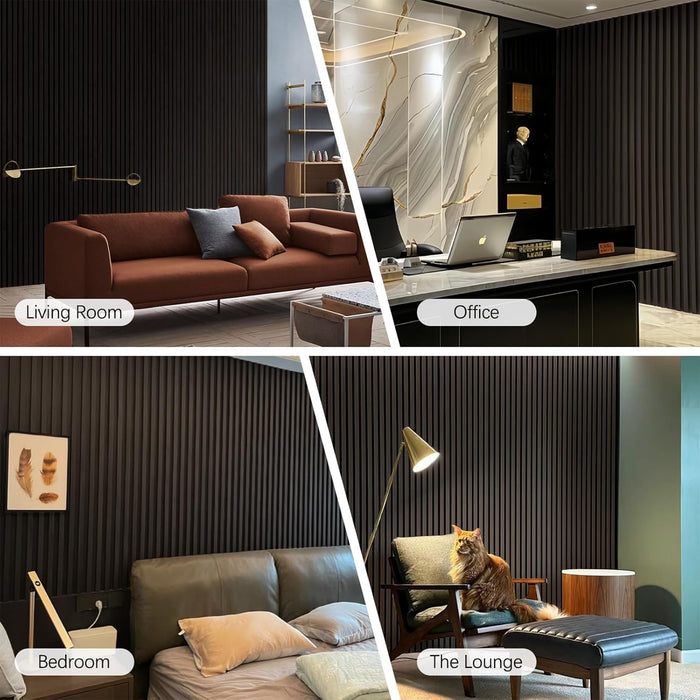 Collage of a living room, office, bedroom, and lounge area with dark walls.