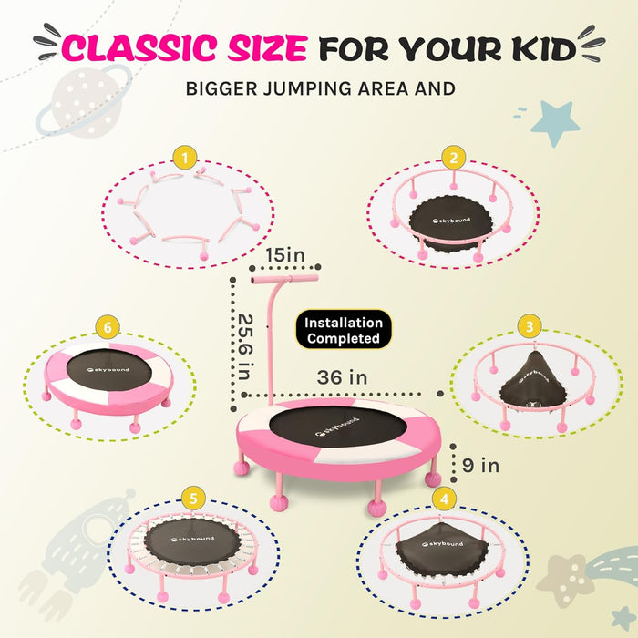 36" Pink Kids Trampoline Indoor, Toddler Rebounder w/ Safety Handle