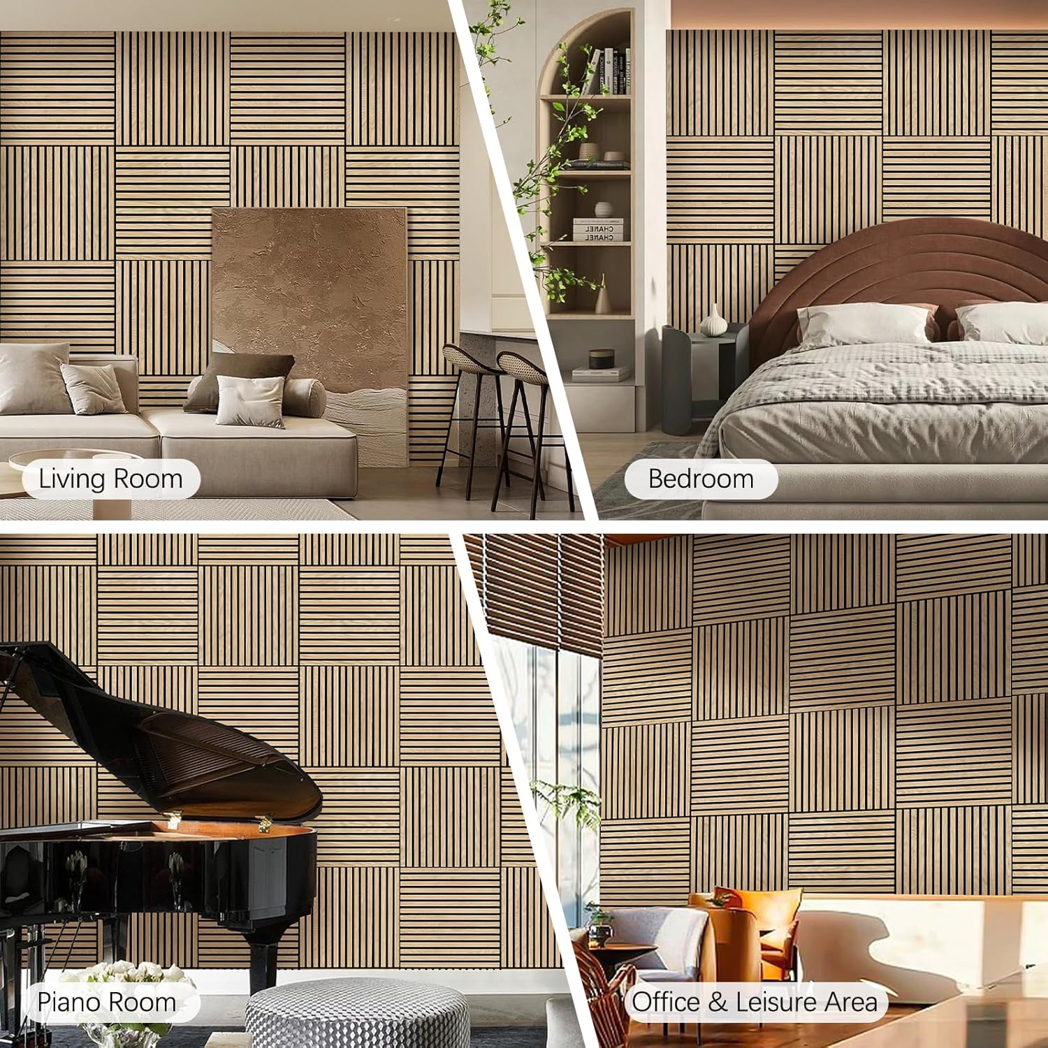 Collage of a patterned wall in various rooms including living room, bedroom, piano room, and office & leisure area.