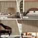 Collage of a patterned wall in various rooms including living room, bedroom, piano room, and office & leisure area.