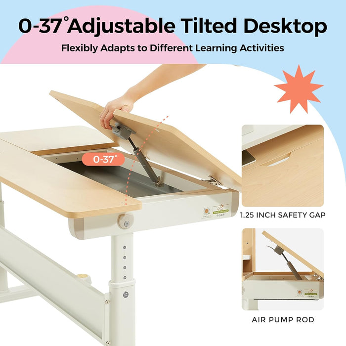 47" Kids Adjustable Height Desk, Solid Wood Tilt Table w/ Bookshelf