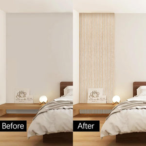 Before and after comparison showing bedroom upgrade with Unisoar oak acoustic wall panel