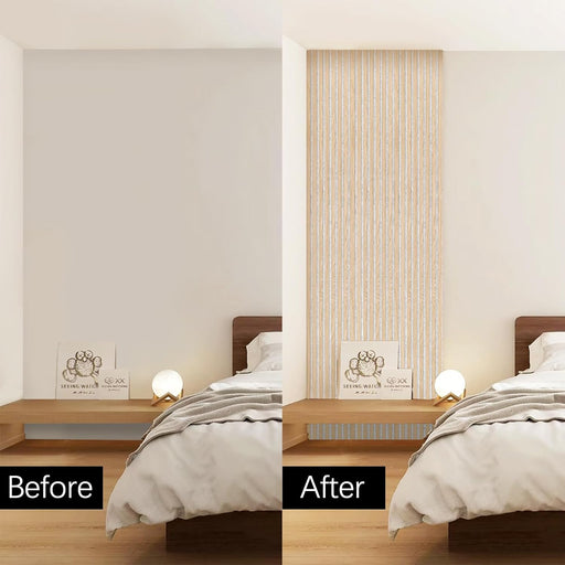 Before and after comparison showing bedroom upgrade with Unisoar oak acoustic wall panel