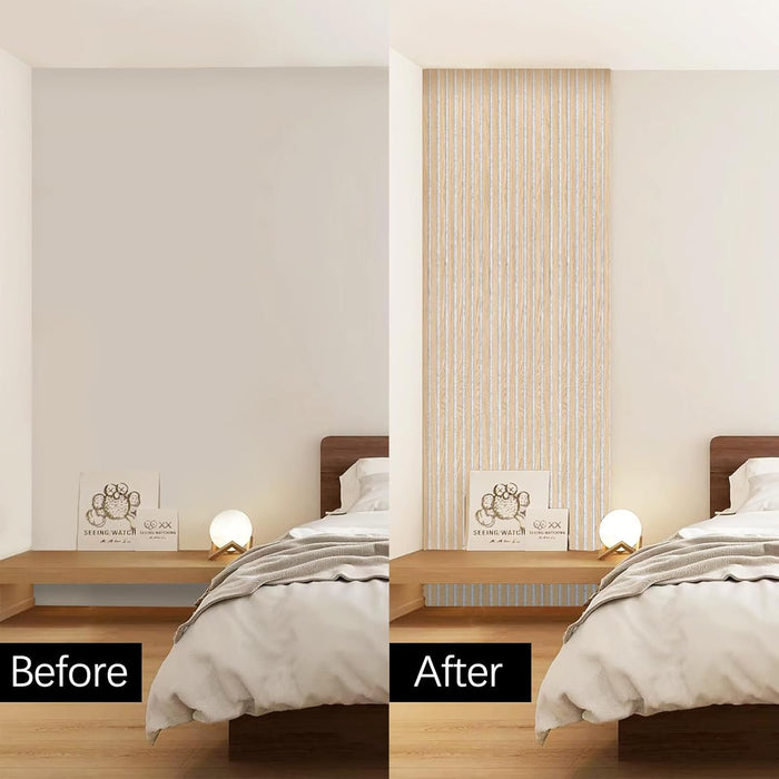 Before and after comparison showing bedroom upgrade with Unisoar oak acoustic wall panel
