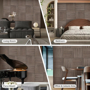 Use cases of walnut acoustic wall panels in different spaces like living room bedroom piano room and office