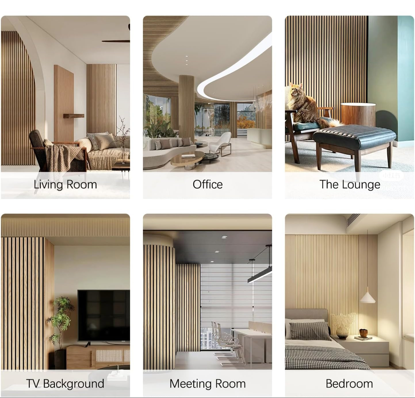Collage of various interior scenes including living room, office, lounge, TV background, meeting room, and bedroom.