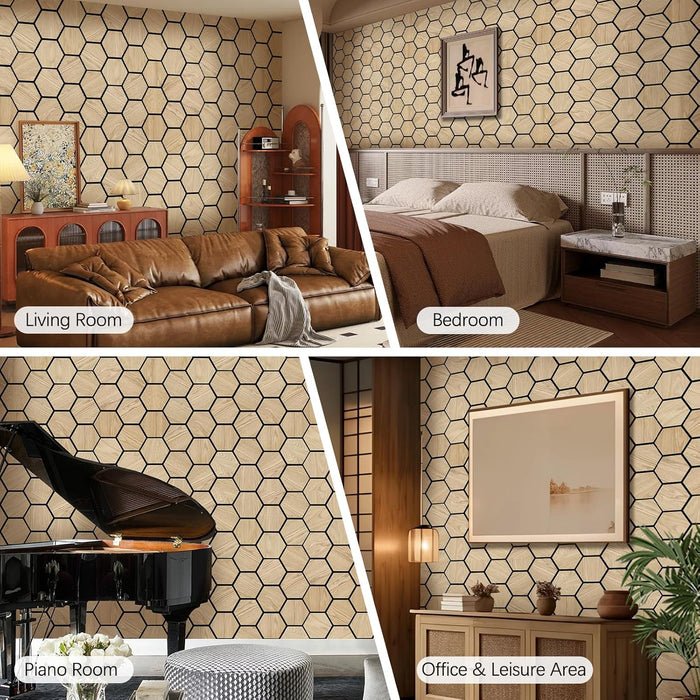 Usage scenarios of hexagon acoustic panels in living room, bedroom, piano room, and home office