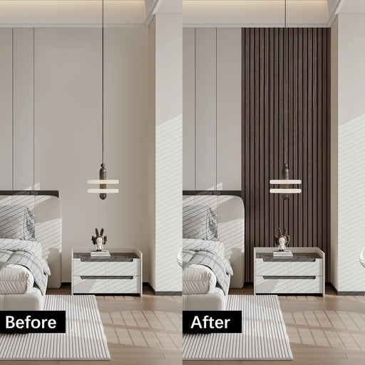 Before and after comparison of a bedroom setup with furniture and decor changes.