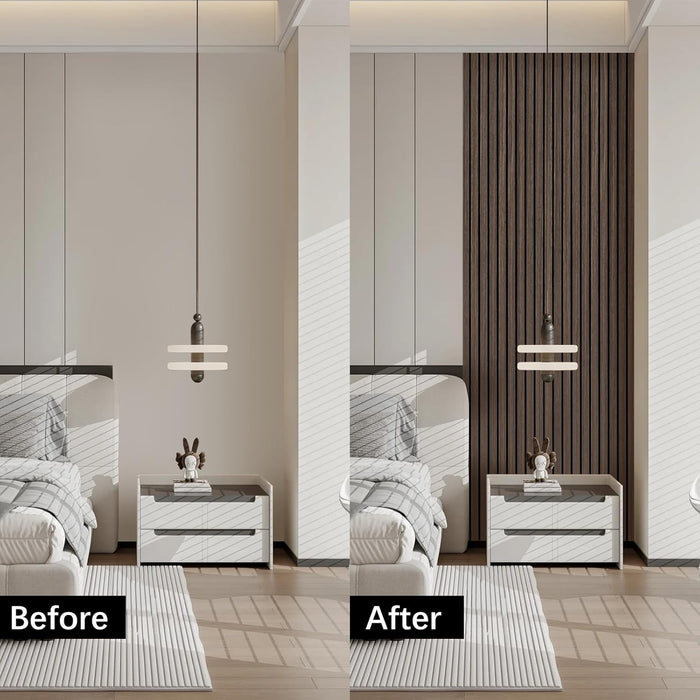 Before and after comparison of a bedroom setup with furniture and decor changes.