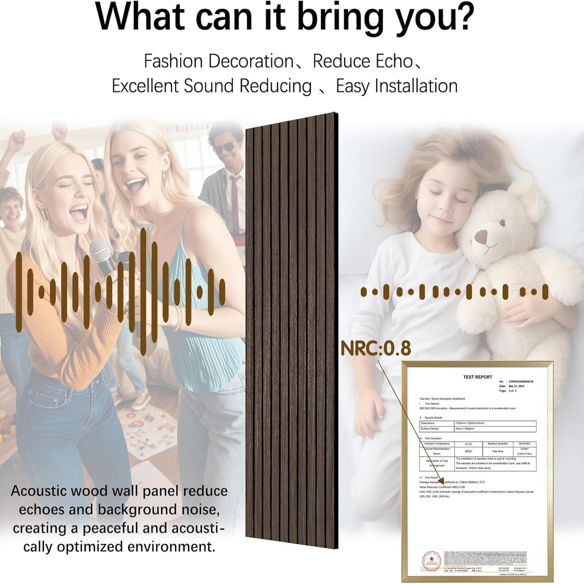 Acoustic wood wall panel with text on sound reduction and installation, featuring people and a child with a teddy bear.