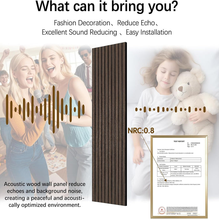 Acoustic wood wall panel with text on sound reduction and installation, featuring people and a child with a teddy bear.