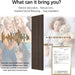 Acoustic wood wall panel with text on sound reduction and installation, featuring people and a child with a teddy bear.