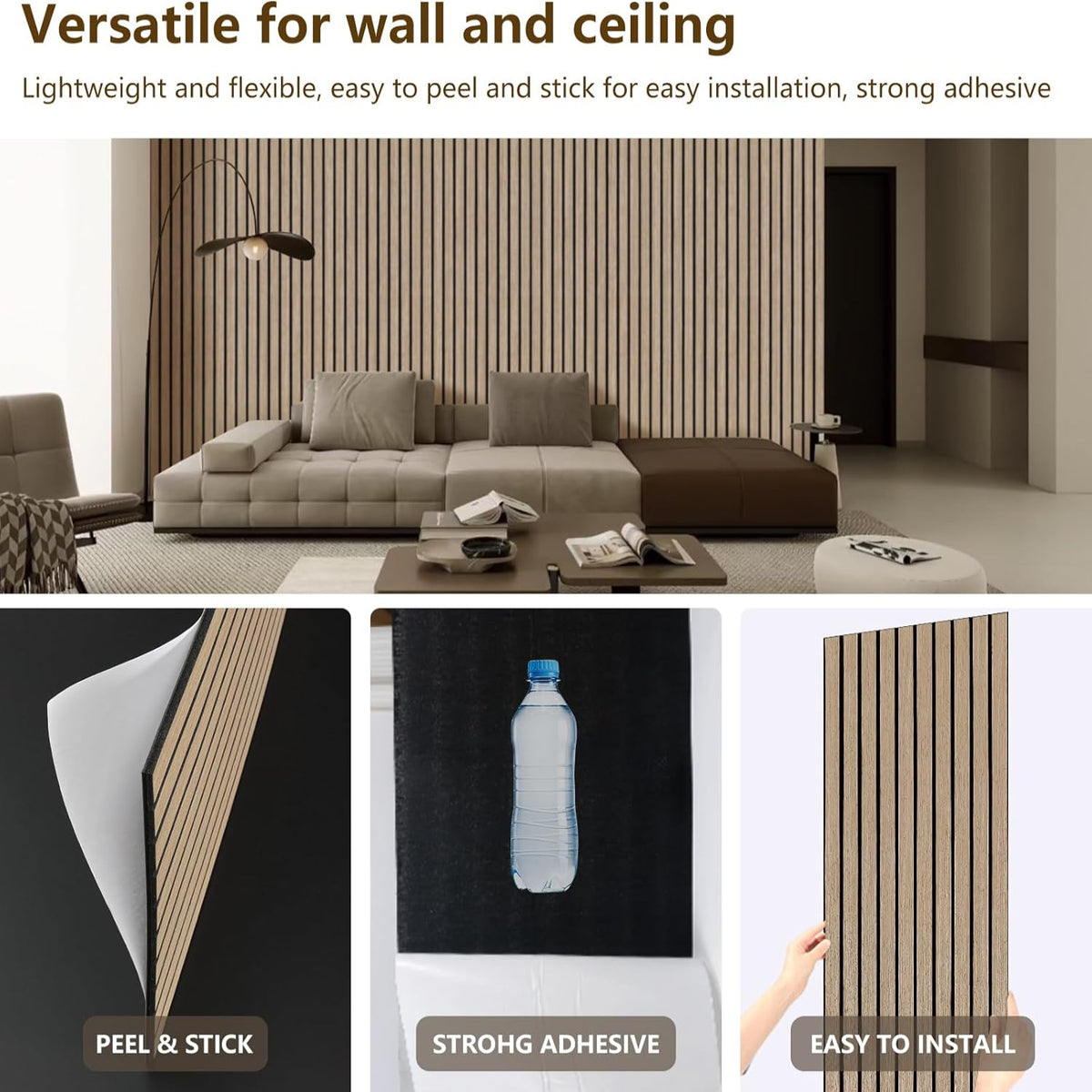 Room interior with a sofa and decorative wall panel, showcasing product features.