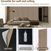 Room interior with a sofa and decorative wall panel, showcasing product features.
