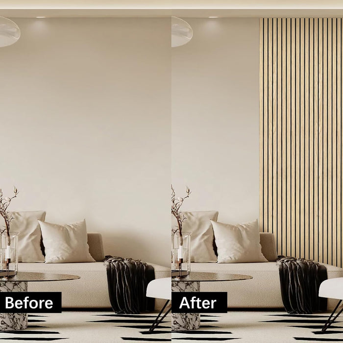 Living room before and after renovation with striped wall and modern decor.