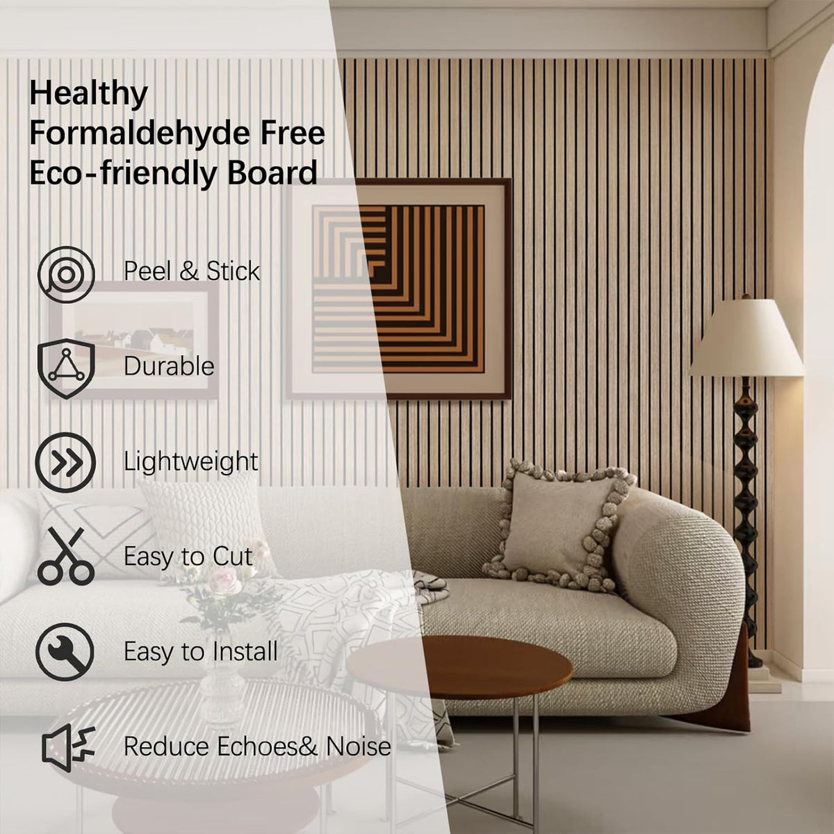 Living room with a couch and wall paneling, featuring text on formaldehyde-free eco-friendly board benefits.