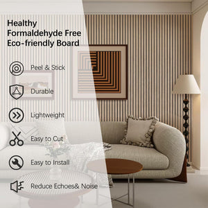 Living room with a couch and wall paneling, featuring text on formaldehyde-free eco-friendly board benefits.
