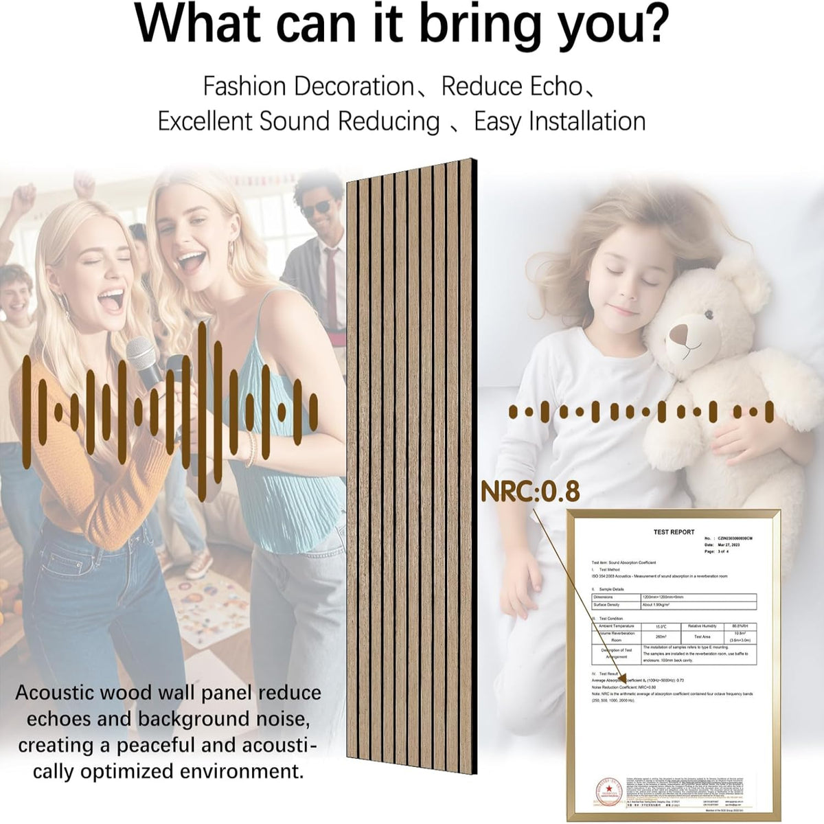 Acoustic wood panel with text highlighting its features and benefits